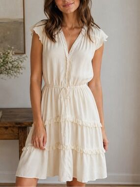 Lil 100% Silk Sheer Ivory Dress Sz 8 Ruffle Tiered Romantic Boho Fairy Soft Girl